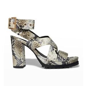 NWT AllSaints Sienna Snakeskin Print Leather Buckle Heeled Platform Sandal 8
